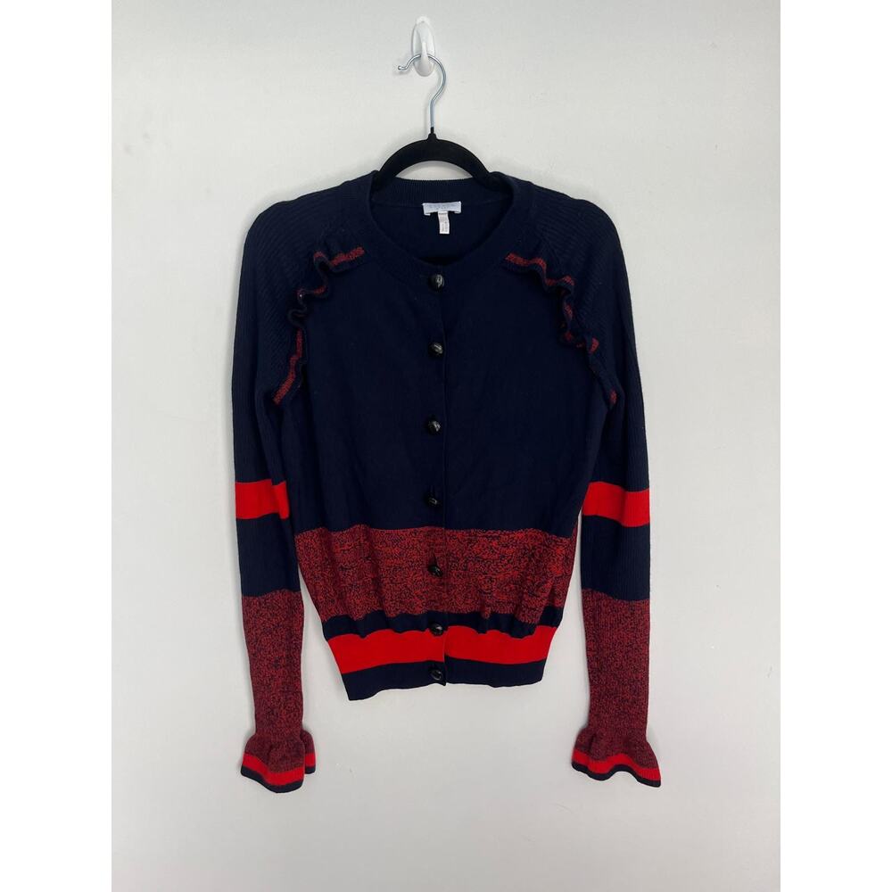 Escada Navy and Red Ruffle-Trim Button Cardigan